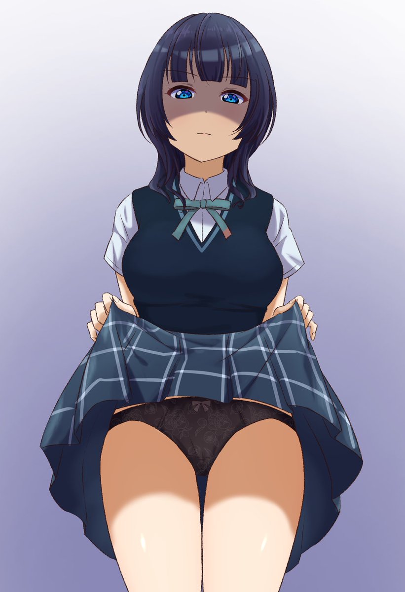 1girl, asaka_karin, blue_eyes, blue_hair, bow, bow_panties, breasts, buson0120, closed_mouth, clothes_lift, disgust, frown, gradient_background, highres, large_breasts, lifting_own_clothes, long_hair, looking_at_viewer, love_live!, love_live!_nijigasaki_high_school_idol_club, nijigasaki_school_uniform, panties, school_uniform, shaded_face, shadow, simple_background, skirt, skirt_lift, solo, standing, thighs, underwear