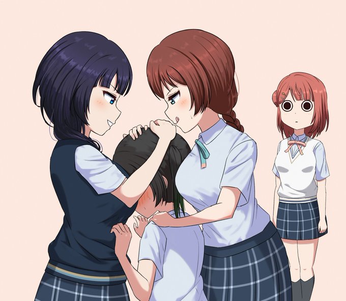 4girls, asaka_karin, between_breasts, black_hair, blue_eyes, blue_hair, blush, braid