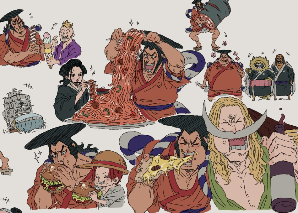 6+boys, aged_down, black_hair, blonde_hair, bottle, burger, cheek-to-cheek, eating