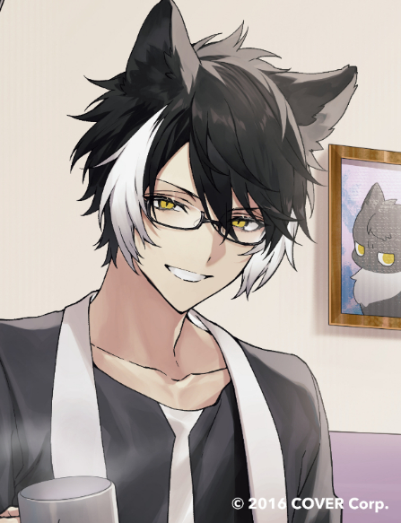 1boy, animal_ears, bespectacled, black_hair, black_jacket, black_pants, black_shirt, cat