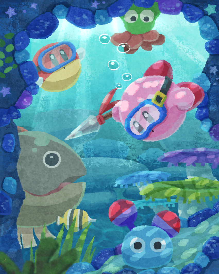 :o, air_bubble, barbar_(kirby), blipper, blush, blush_stickers, bubble, butterflyfish