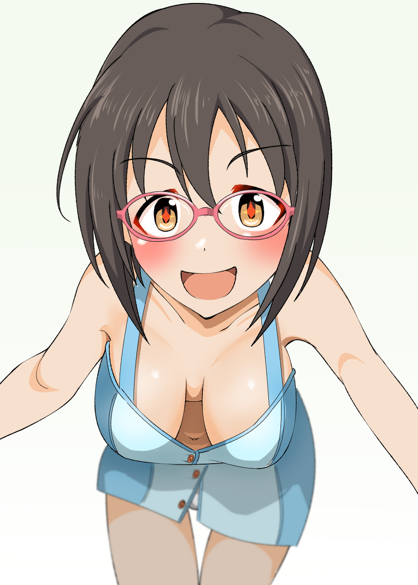 1girl, blush, breasts, brown_eyes, brown_hair, downblouse, extended_downblouse, glasses