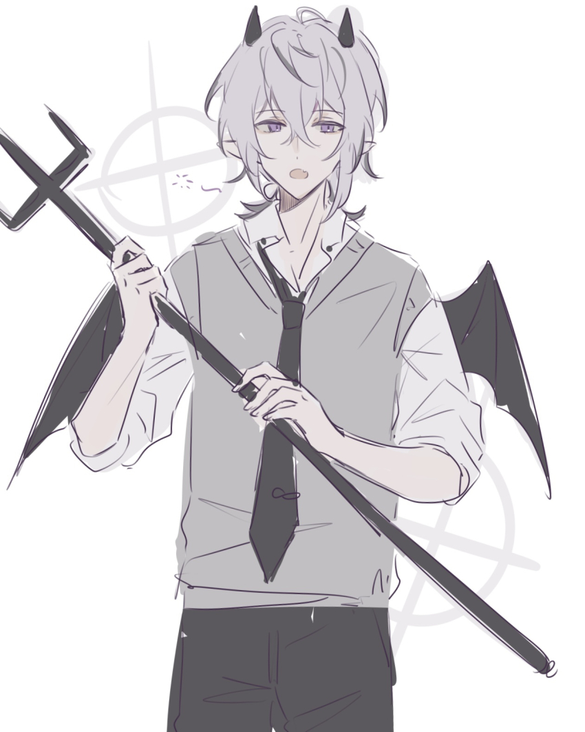 1boy, black_necktie, collar_x_malice, demon_boy, demon_horns, demon_wings, grey_hair, grey_sweater_vest