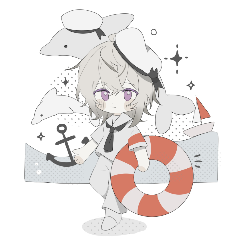 1boy, anchor, chibi, collar_x_malice, dolphin, full_body, grey_hair, hat