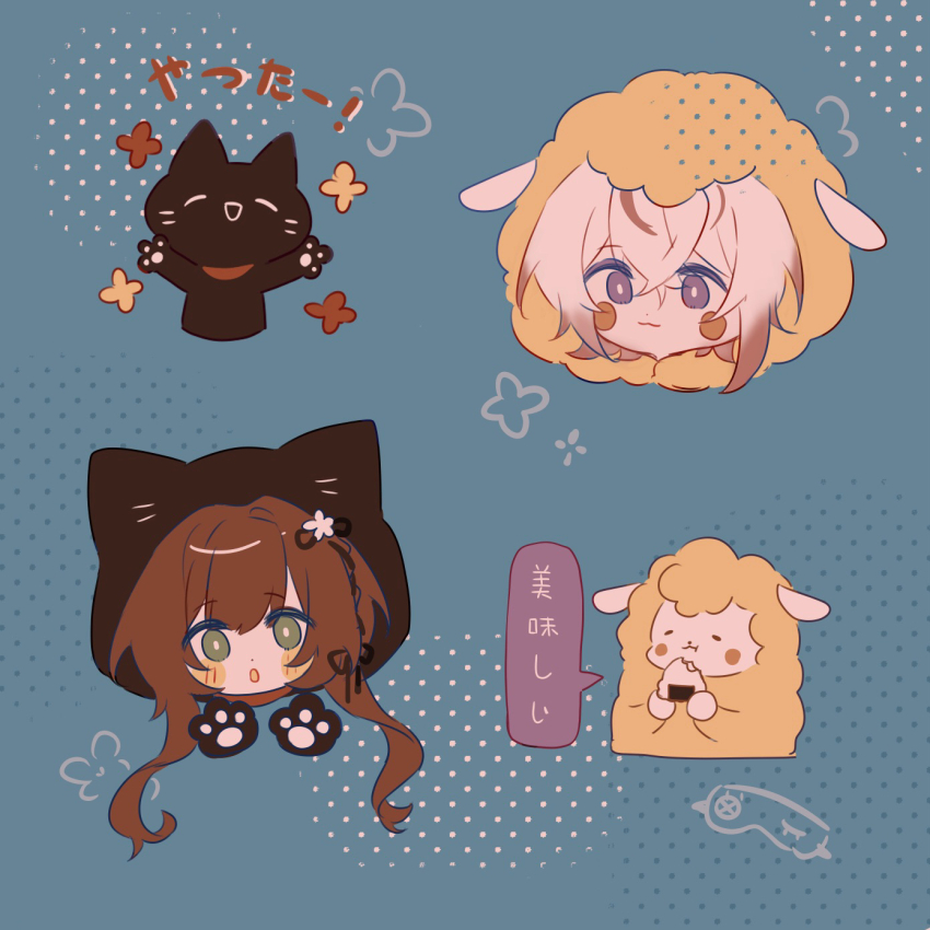 1boy, 1girl, animal_ears, animal_hood, black_cat, blue_background, brown_hair, cat