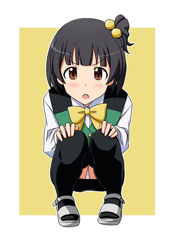 1girl, black_hair, black_skirt, black_thighhighs, blush, border, bow, bowtie