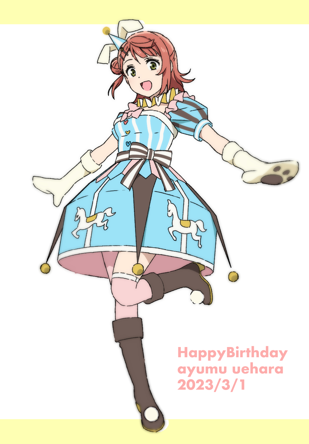 1girl, birthday, blue_dress, boots, character_name, dated, dress, english_text