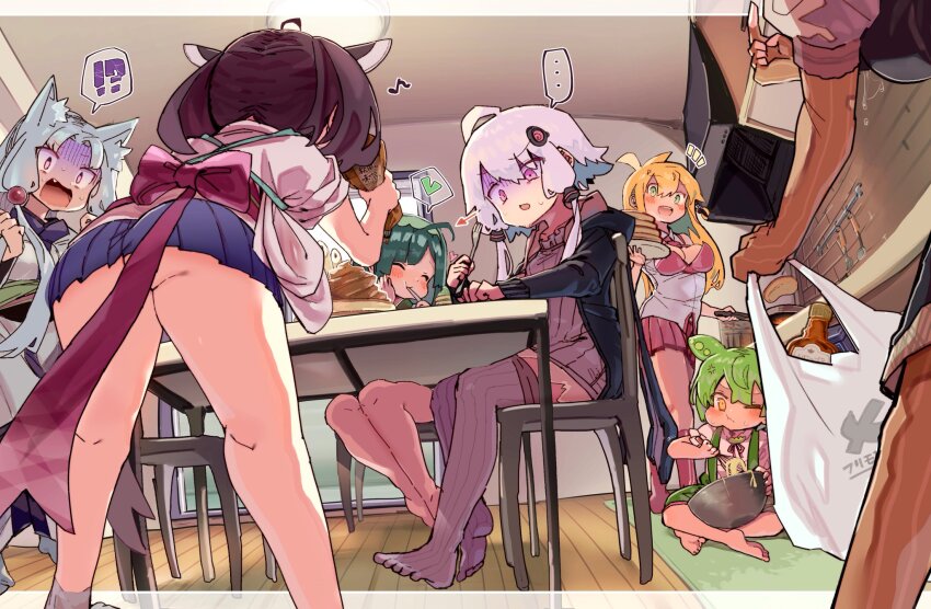 !?, ..., 6+girls, ahoge, animal_ears, aqua_eyes, ass, bag, beads, blue_skirt, bottle, brown_hair, chair, commentary, crossed_legs, dress, eighth_note, elbow_gloves, fang, food, fork, framed_breasts, from_behind, from_below, full_mouth, gloves, green_hair, grey_hair, hair_beads, hair_ornament, headgear, heart, highres, holding, holding_bag, holding_bottle, holding_fork, holding_plate, holding_spatula, indoors, japanese_clothes, kimono, kiritanpo_(food), kizuna_akari, knife_hair_ornament, leaning_forward, microskirt, mixing_bowl, multiple_girls, musical_note, notice_lines, obi, on_floor, one_eye_closed, open_mouth, orange_gloves, orange_thighhighs, pancake, pancake_stack, plastic_bag, plate, pleated_skirt, pointing, pointing_at_self, purple_dress, purple_eyes, purple_thighhighs, red_skirt, sash, shaded_face, shopping_bag, short_hair, siblings, sidelocks, sisters, sitting, siwasunohige, skirt, spatula, speech_bubble, spoken_ellipsis, spoken_heart, spoken_interrobang, standing, sweat, table, thighhighs, touhoku_itako, touhoku_kiritan, touhoku_zunko, tsurumaki_maki, turn_pale, utensil_in_mouth, v-shaped_eyebrows, vocaloid, voiceroid, voicevox, white_kimono, wolf_ears, wooden_floor, yellow_eyes, yuzuki_yukari, zundamon