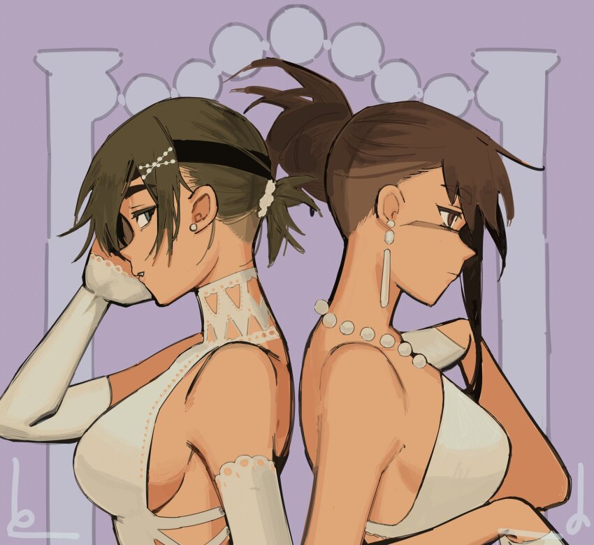 2girls, bead_band, black_hair, breasts, brown_hair, chainsaw_man, detached_sleeves, dress