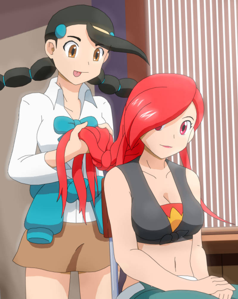 2girls, :p, black_hair, breasts, brown_eyes, candice_(pokemon), clothes_around_waist, crop_top
