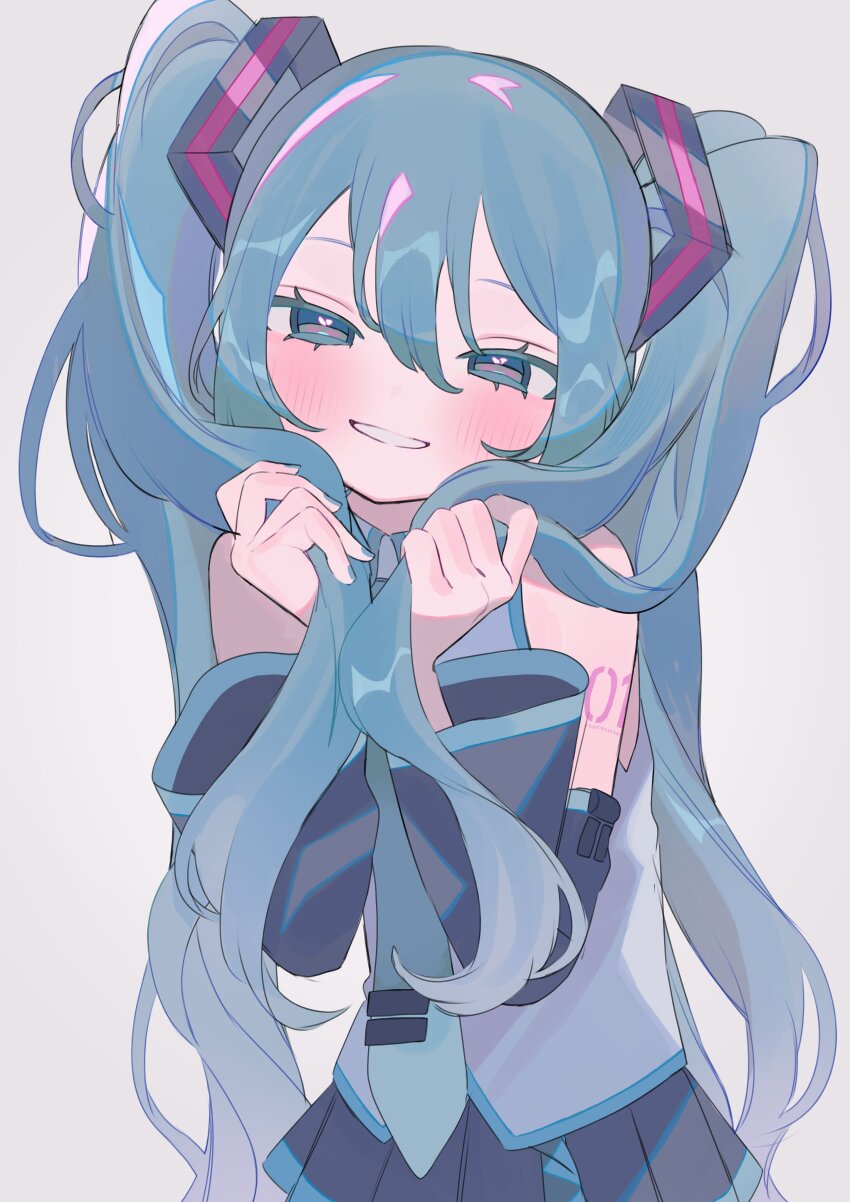 1girl, absurdres, bare_shoulders, black_skirt, blue_nails, blush, detached_sleeves, grey_background