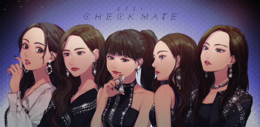 5girls, album_name, animification, black_dress, black_eyes, black_jacket, black_nails, black_shirt