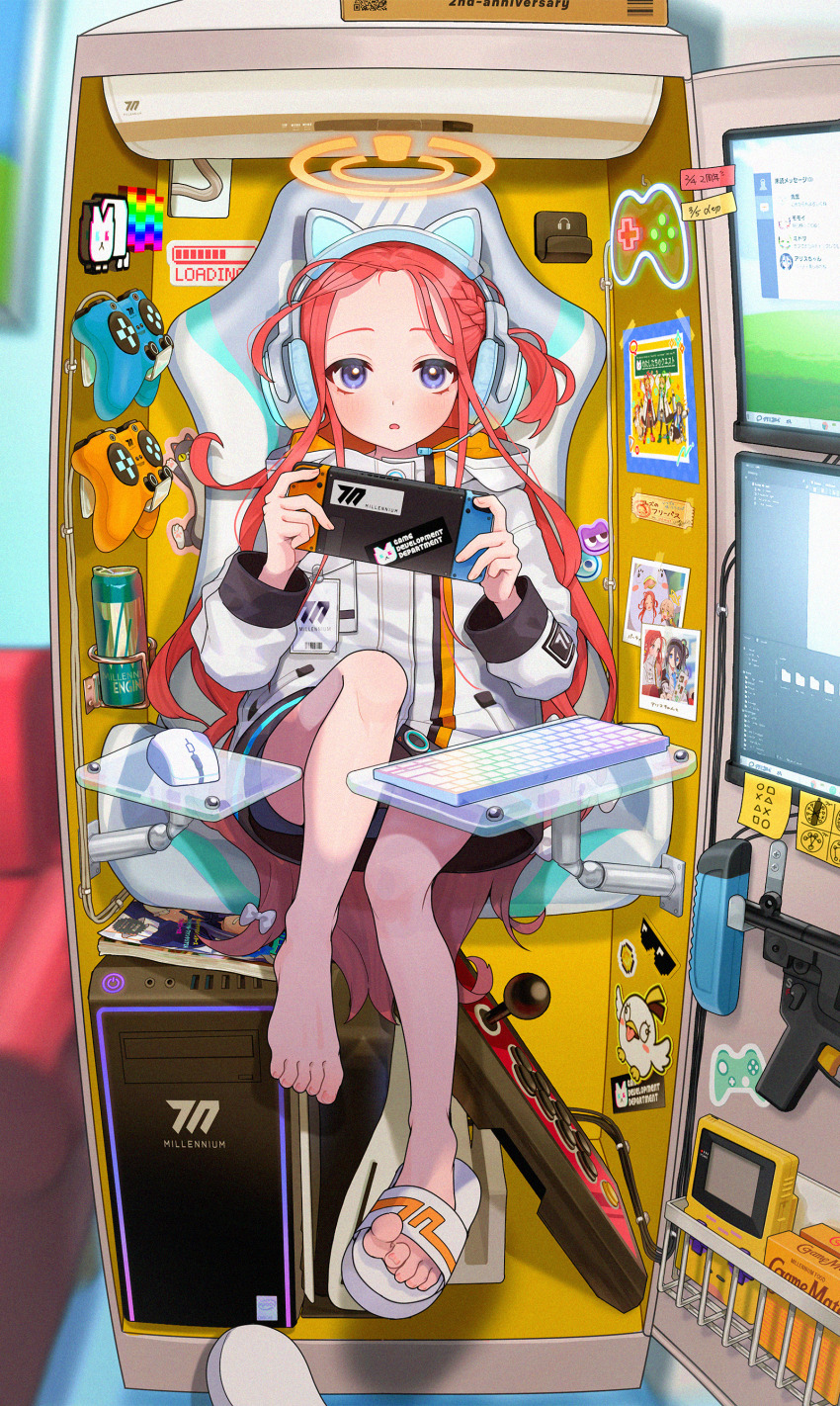 13_(spice!!), 1girl, absurdres, air_conditioner, animal_ear_headphones, animal_ears, arcade_stick, bare_legs