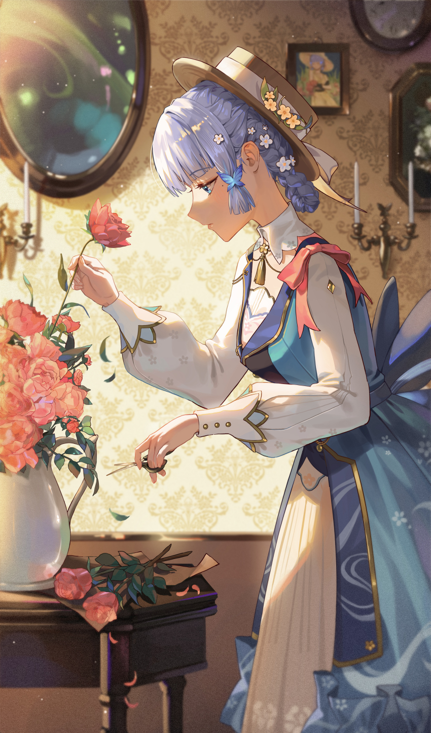 1girl, absurdres, ayaka_(genshin_impact), back_bow, blue_dress, blue_eyes, blunt_tresses, blurry, bow, breasts, brown_hat, butter, candle, candlestand, clock, commentary_request, cutting, depth_of_field, dress, floral_print, flower, food, from_side, genshin_impact, gold_trim, grey_hair, hair_flower, hair_ornament, hair_rings, hat, hat_flower, hat_ribbon, highres, holding, holding_flower, holding_scissors, ikebana, kamisato_ayaka, kamisato_ayaka_(springbloom_missive), leaf, long_dress, long_sleeves, looking_at_object, medium_breasts, mole, mole_under_eye, multicolored_dress, neck_tassel, official_alternate_costume, official_alternate_hairstyle, painting_(object), parted_lips, profile, puffy_long_sleeves, puffy_sleeves, red_flower, red_rose, rhtkd, ribbon, rose, scissors, solo, tassel, vase, wall, wall_clock, white_flower
