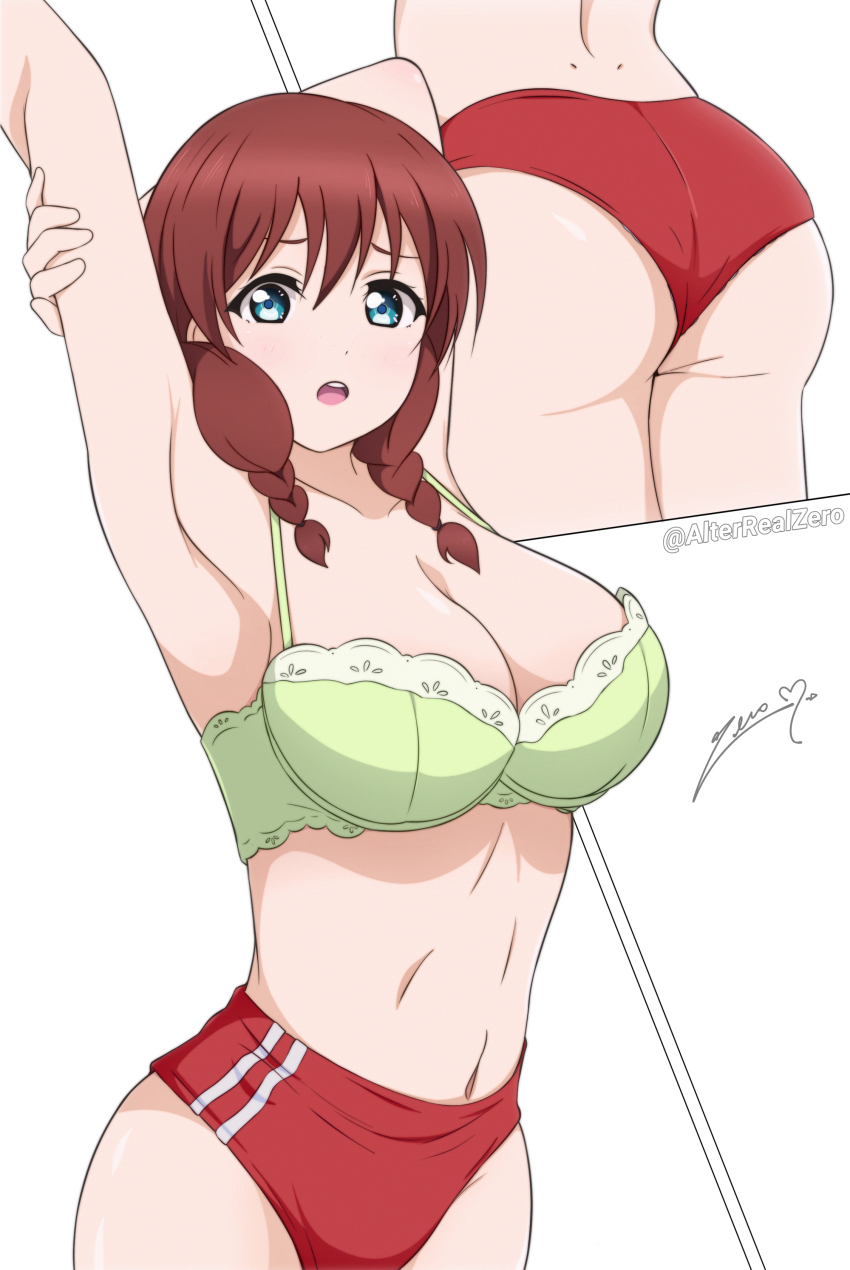 1girl, absurdres, alter_real_zero, aqua_eyes, armpits, arms_up, artist_name, ass, blush, bra, braid, breasts, brown_hair, buruma, cleavage, emma_verde, freckles, green_bra, highres, large_breasts, long_hair, love_live!, love_live!_nijigasaki_high_school_idol_club, multiple_views, navel, open_mouth, red_buruma, signature, simple_background, striped, twin_braids, underwear, white_background