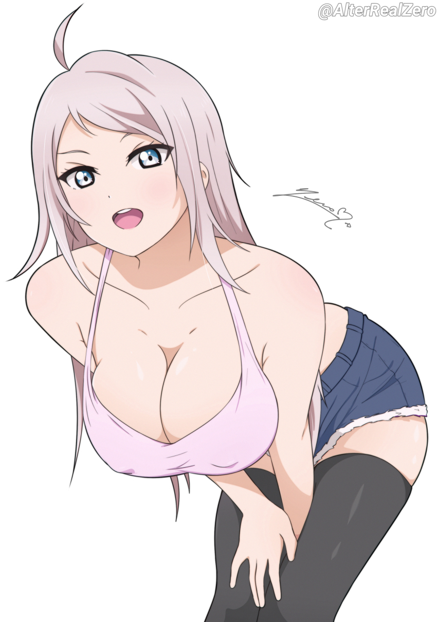 1girl, absurdres, ahoge, alter_real_zero, artist_name, bare_shoulders, blue_eyes, blush