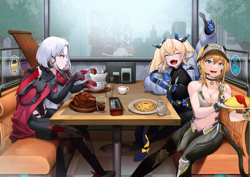 6+girls, android, anis_(nikke), arm_pouch, armored_bodysuit, bandaid, bandaid_on_cheek, bandaid_on_face, bare_shoulders, blonde_hair, breasts, cape, closed_eyes, coat, commentary, cup, dinner, drake_(nikke), eating, fang, food, fork, fur_trim, goddess_of_victory:_nikke, grey_hair, happy, holding, holding_fork, indoors, laplace_(nikke), maxwell_(nikke), meat, mechabare, mechanical_tail, medium_breasts, medium_hair, multiple_girls, munaage, navel, neon_(nikke), omelet, open_mouth, plate, rapi_(nikke), red_eyes, restaurant, salad, skirt, small_breasts, smile, sponge, steak, tail, white_skirt, window