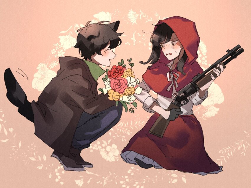 1boy, 1girl, animal_ears, black_footwear, black_gloves, black_hair, black_jacket, blue_pants, blunt_bangs, blunt_ends, blush, closed_eyes, commentary, cosplay, enomoto_takane, facing_another, facing_to_the_side, fingernails, floral_background, flower, from_side, full_body, gloves, green_shirt, grey_eyes, grey_footwear, gun, hair_over_shoulder, highres, holding, holding_flower, holding_gun, holding_weapon, hood, hood_down, hood_up, hooded_jacket, jacket, kagerou_project, kokonose_haruka, leaf, leaf_background, little_red_riding_hood_(fairy_tale), little_red_riding_hood_(fairy_tale_character)_(cosplay), little_red_riding_hood_(fairy_tale_character), long_sleeves, looking_at_another, looking_to_the_side, mokemoke_chan, mole, mole_under_eye, motion_lines, open_clothes, open_jacket, open_mouth, pants, pink_background, pink_flower, pink_rose, pump_action, red_flower, red_hood, red_rose, red_skirt, ribbon, rose, shirt, shoes, short_hair, shotgun, single_glove, skirt, sleeves_rolled_up, smile, squatting, sweat, tail, tail_wagging, three-quarter_sleeves, turtleneck, twintails, two-tone_footwear, two-tone_skirt, wavy_mouth, weapon, white_flower, white_ribbon, white_shirt, white_skirt, wolf_ears, yellow_flower