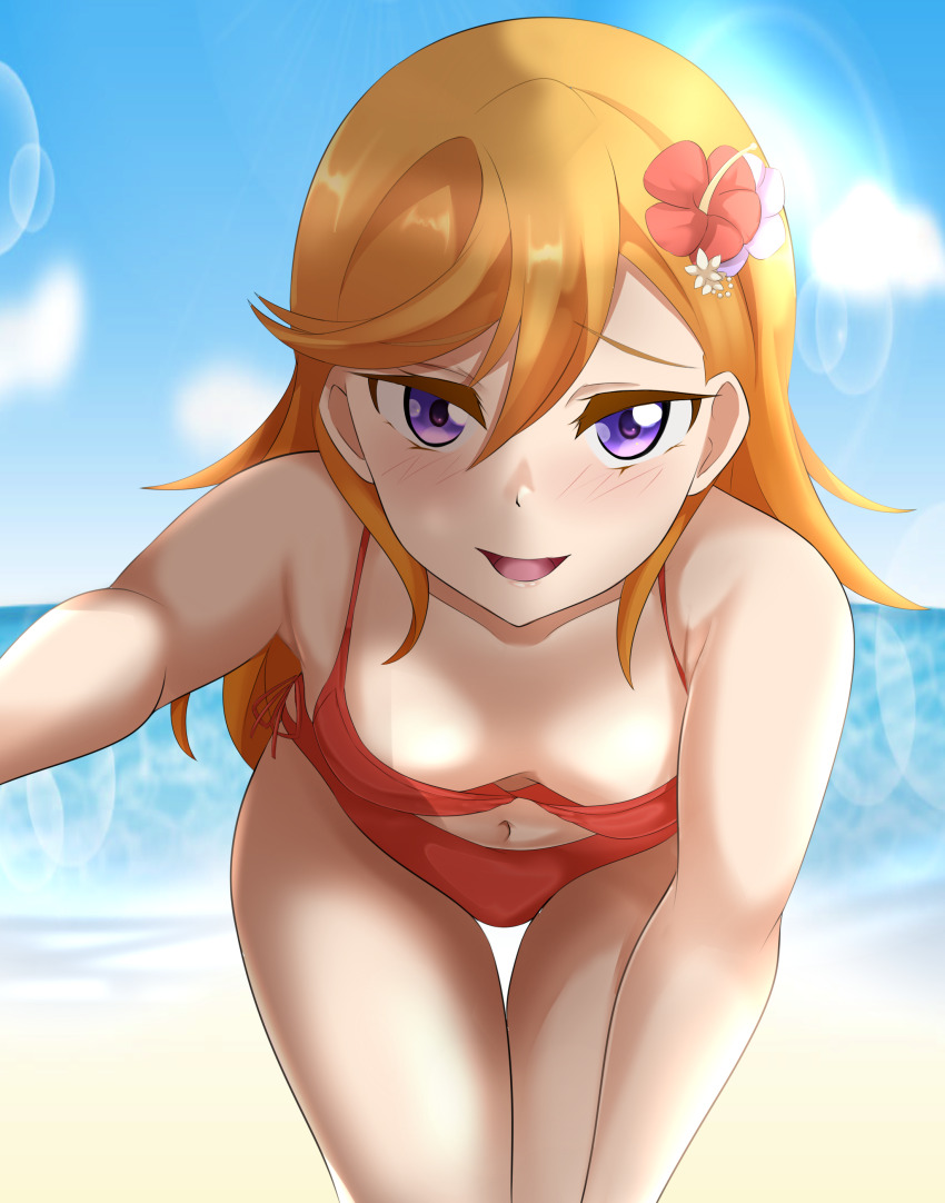 1girl, absurdres, bare_shoulders, beach, bikini, blue_sky, blurry, blurry_background, blush, breasts, cleavage, cloud, cowboy_shot, downblouse, eine_(ein-faust), flower, hair_flower, hair_ornament, hanging_breasts, hibiscus, highres, leaning_forward, lens_flare, long_hair, looking_at_viewer, love_live!, love_live!_superstar!!, navel, ocean, open_mouth, orange_hair, outdoors, purple_eyes, red_bikini, sand, selfie, shibuya_kanon, sky, small_breasts, smile, solo, swimsuit, thigh_gap, water