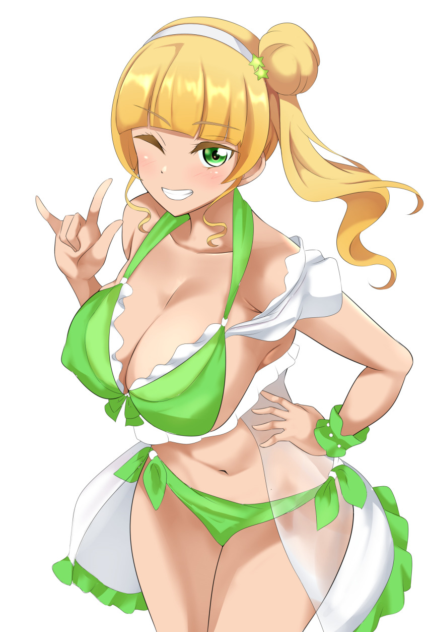 1girl, absurdres, alternate_breast_size_(larger), alternate_hairstyle, bikini, blonde_hair, blush, breasts