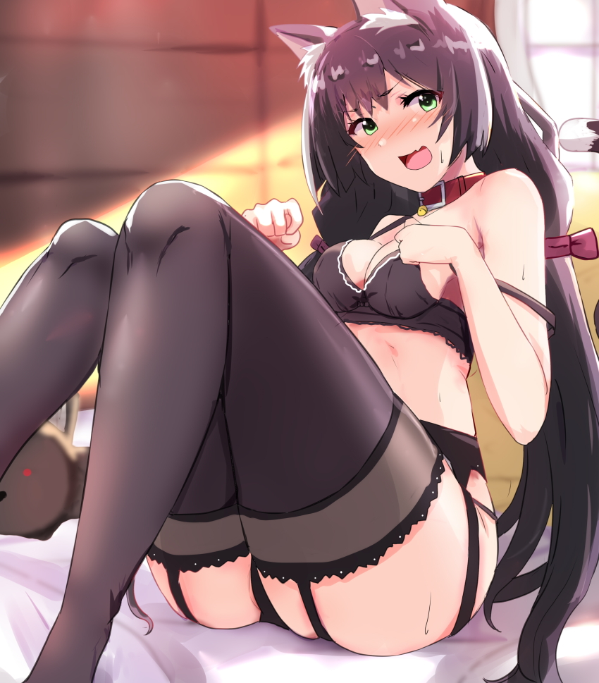 1girl, absurdres, animal_collar, animal_ear_fluff, animal_ears, ass, bare_arms, bell, black_bra, black_hair, black_panties, black_thighhighs, blurry, blurry_background, blush, bra, breasts, cat_ears, cat_girl, cat_tail, cleavage, collar, ekaki_kukuma, embarrassed, eyelashes, fang, feet_out_of_frame, garter_belt, garter_straps, green_eyes, hair_between_eyes, hands_up, head_tilt, highres, karyl_(princess_connect!), knees_together_feet_apart, knees_up, lace, lace-trimmed_legwear, lace_trim, legs, lingerie, long_hair, looking_at_viewer, medium_breasts, neck_bell, nose_blush, open_mouth, panties, paw_pose, princess_connect!, red_collar, sitting, skin_fang, solo, strap_slip, sunlight, sweat, sweatdrop, tail, thick_thighs, thighhighs, thighs, underwear, v-shaped_eyebrows, very_long_hair, wide_hips, window