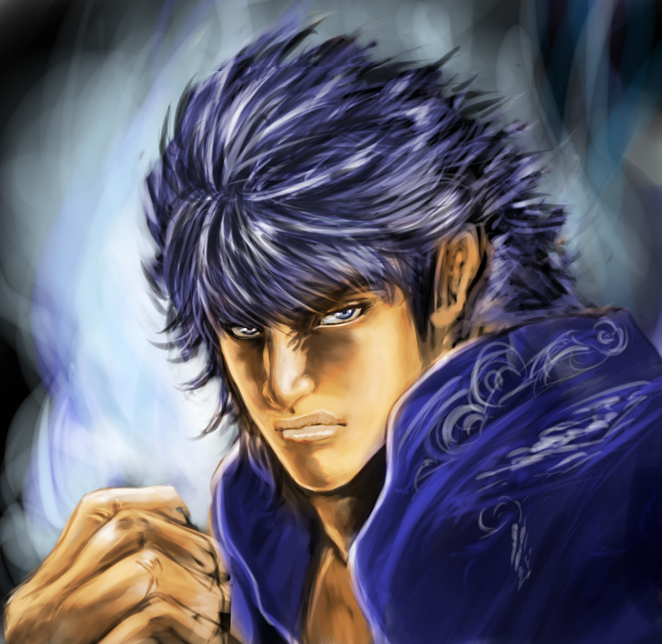 00s, aura, blue_eyes, chinese_clothes, clenched_hand, faux_traditional_media, hokuto_no_ken, kasumi_kenshirou