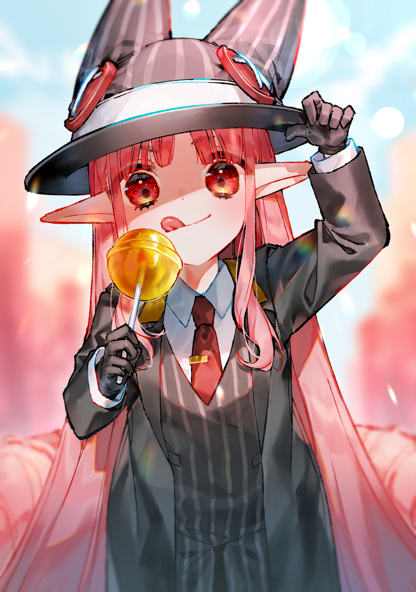 1girl, :q, black_gloves, blurry, blurry_background, candy, fate/grand_order, fate_(series), food, formal_clothes, gloves, habetrot_(fate), habetrot_(fgo_fes._2022)_(fate), hat, highres, kenne_28, licking_lips, lollipop, long_hair, orange_eyes, petite, pink_hair, red_tie, shirt, solo, suit, tongue, tongue_out, upper_body, white_shirt