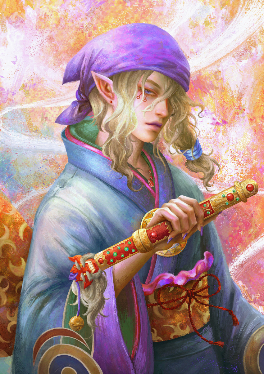 1boy, absurdres, blue_eyes, blue_kimono, facepaint, hair_between_eyes, headscarf, highres