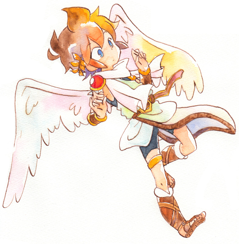 angel, angel_wings, atz6, blue_eyes, brown_hair, full_body, kid_icarus, laurel_crown