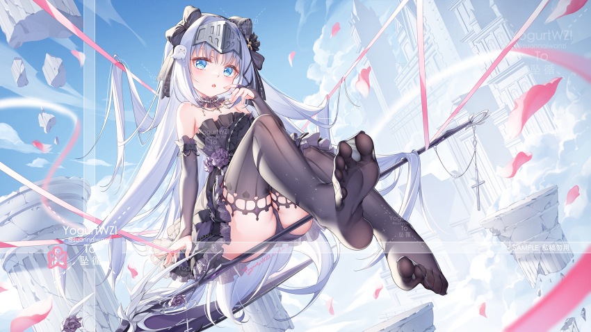1girl, 2023, :o, artist_name, ass, black_bow, black_gloves, black_panties, black_thighhighs, blue_eyes, blue_sky, blush, bow, chinese_commentary, cloud, commentary_request, cross, dated, dutch_angle, elbow_gloves, eucliwood_hellscythe, expressionless, eyebrows_hidden_by_hair, eyelashes, falling_petals, feet, finger_to_mouth, fingerless_gloves, forehead_protector, foreshortening, gloves, hair_bow, hair_spread_out, hand_up, head_tilt, heart, heart_print, highres, jewelry, knees_up, kore_wa_zombie_desu_ka?, legs, long_hair, long_legs, looking_at_viewer, no_shoes, open_mouth, outdoors, panties, petals, pink_ribbon, pinstripe_thighhighs, ribbon, ring, sample_watermark, scythe, sidelocks, sitting, sky, soles, solo, sparkle_print, spread_toes, suaynnai_wanzi, thighhighs, thighs, toes, twitter_username, two_side_up, underwear, very_long_hair, watermark, white_hair