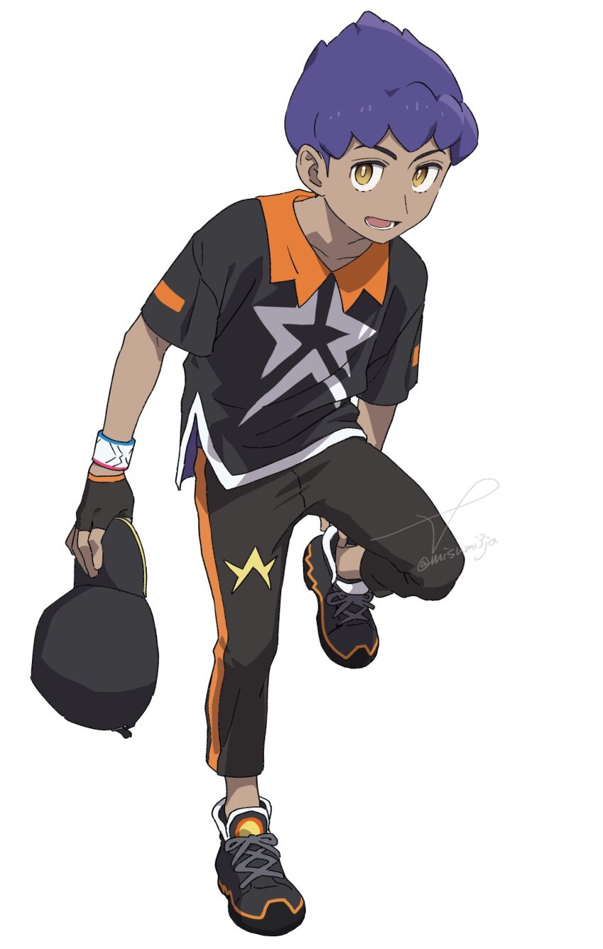 1boy, :d, adjusting_footwear, black_hat, bright_pupils, dark-skinned_male, dark_skin, dynamax_band