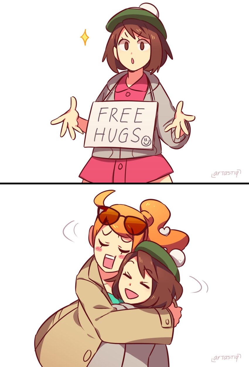 2girls, artastiq, blush_stickers, brown_hair, cardigan, closed_eyes, coat, eyewear_on_head, free_hugs, gloria_(pokemon), grey_cardigan, hair_ornament, hat, heart, heart_hair_ornament, highres, hug, looking_at_viewer, multiple_girls, nintendo, open_mouth, pokemon, pokemon_sword_and_shield, side_ponytail, signature, smile, sonia_(pokemon), sparkle, sunglasses, tam_o'_shanter, upper_body, v-shaped_eyebrows, white_background