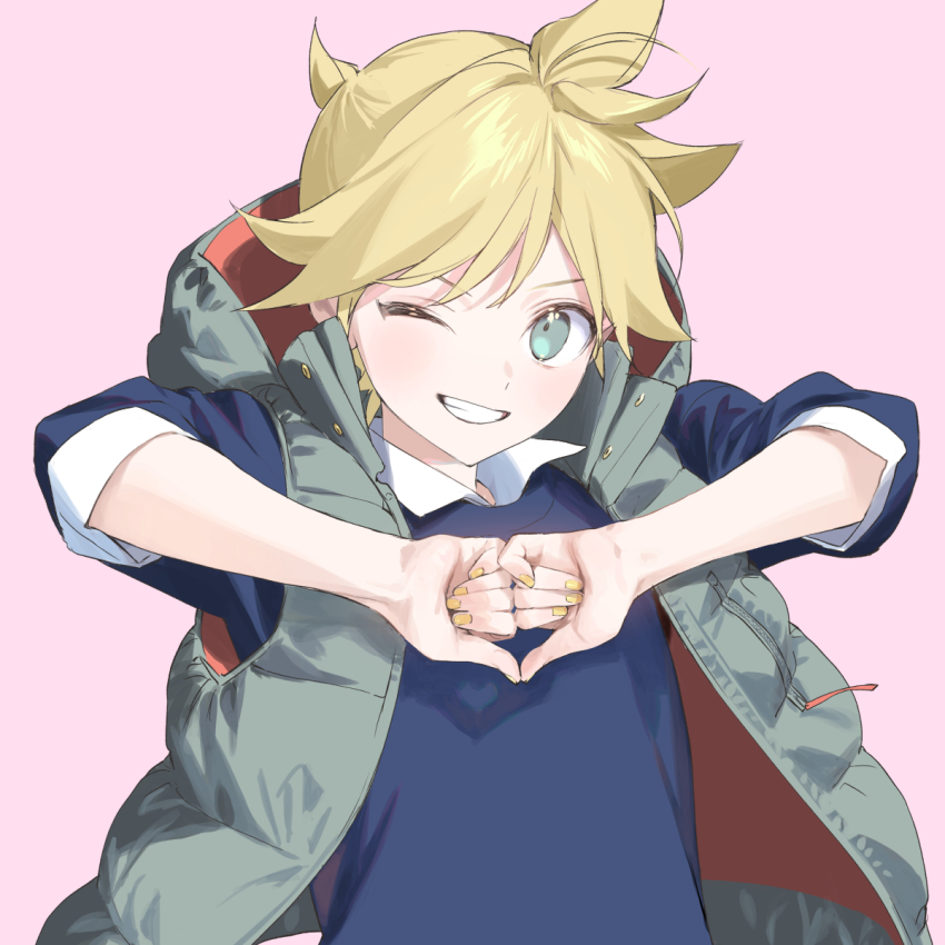 1boy, blonde_hair, blue_eyes, blue_shirt, grey_jacket, highres, jacket, kagamine_len, looking_at_viewer, male_focus, naoko_(naonocoto), one_eye_closed, pink_background, project_sekai, shirt, short_hair, short_sleeves, sleeveless, solo, teeth, vivid_bad_squad_len, vocaloid, white_shirt, yellow_nails
