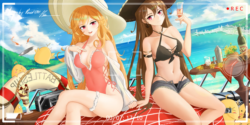 >_<, 2girls, absurdres, azur_lane, backless_swimsuit, bikini, bottle, breasts