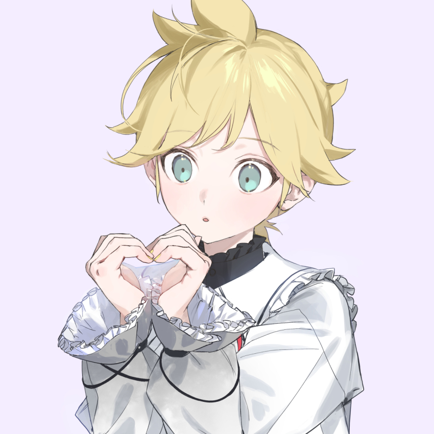 1boy, 25-ji_len, :o, blonde_hair, blue_eyes, facing_viewer, formal_clothes, grey_background, heart, heart_hands, highres, kagamine_len, long_sleeves, looking_down, male_focus, naoko_(naonocoto), parted_lips, shirt, short_hair, shy, solo, vocaloid, white_shirt