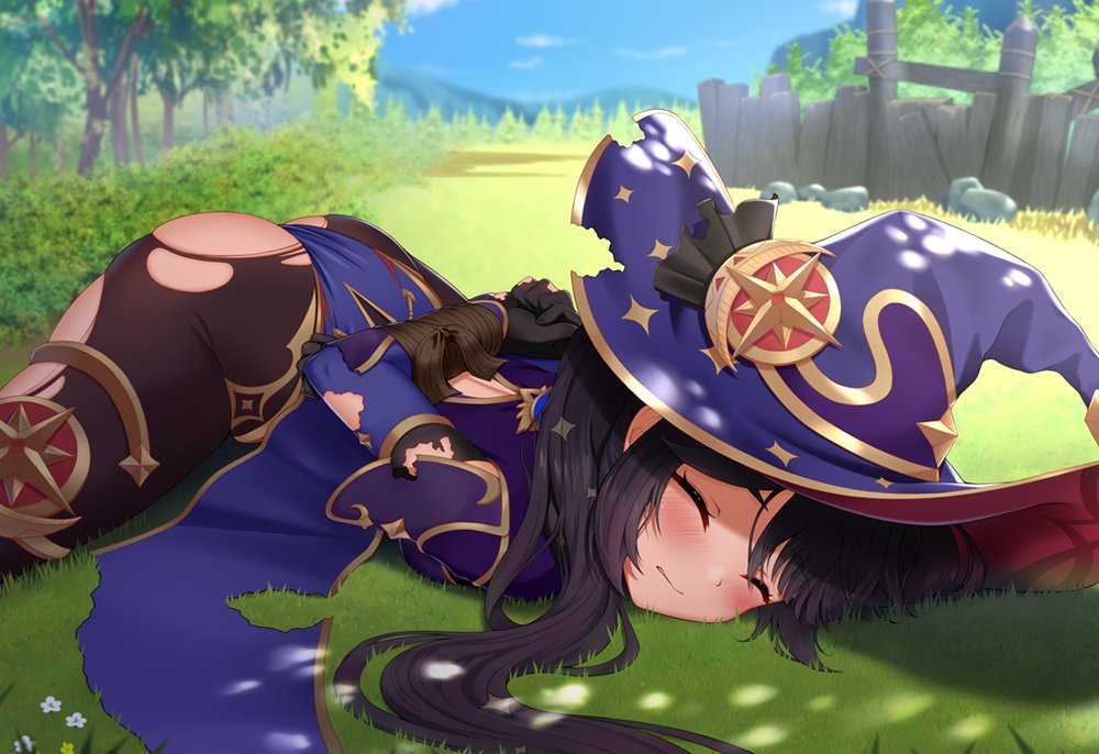 1girl, arms_behind_back, ass, black_bodysuit, black_hair, blue_leotard, blush, bodystocking, bodysuit, bound, bound_arms, capelet, clenched_teeth, closed_eyes, elbow_gloves, female_focus, genshin_impact, gloves, gold_trim, grass, hajika, hat, highleg, highleg_leotard, jewelry, leotard, long_hair, lying, mona_(genshin_impact), on_ground, on_stomach, pantyhose, solo, strapless, strapless_leotard, teeth, thighlet, torn_capelet, torn_clothes, torn_gloves, torn_hat, torn_pantyhose, torn_sleeves, twintails, witch_hat