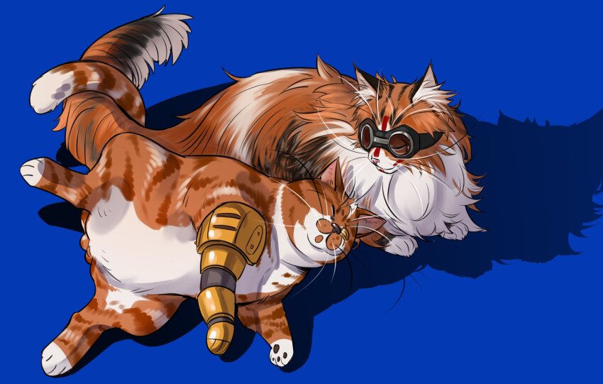 ^_^, animal, animalization, apex_legends, bloodhound_(apex_legends), blue_background, cat, chongmingggg, closed_eyes, commentary, fuse_(apex_legends), goggles, highres, intertwined_tails, no_humans, shadow, smile