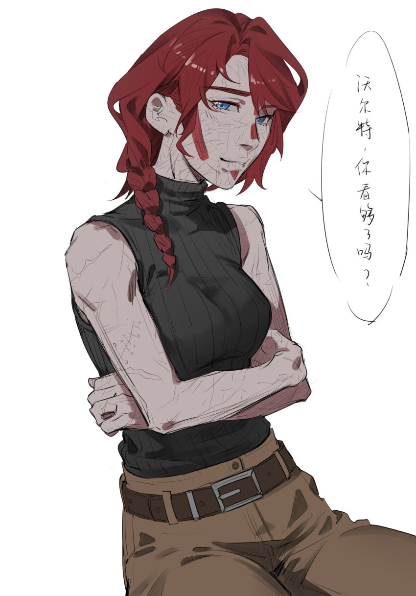 1girl, animification, apex_legends, belt, bloodhound_(apex_legends), blue_eyes, braid, breasts