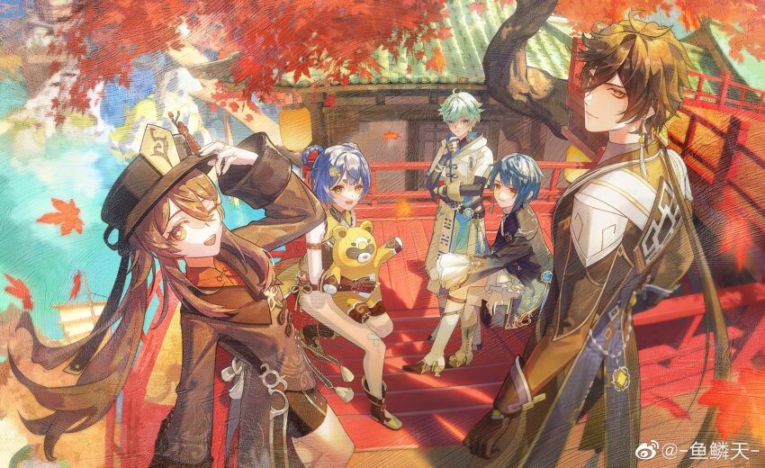 2girls, 3boys, :d, ahoge, architecture, arm_up, asymmetrical_bangs, autumn_leaves