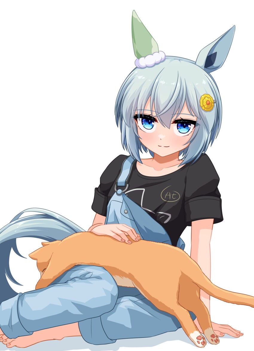 1girl, absurdres, animal, animal_ears, animal_on_lap, arm_support, barefoot, black_shirt