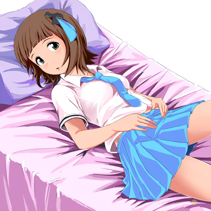 1girl, :o, amami_haruka, bed, bow, brown_hair, female_focus, green_eyes