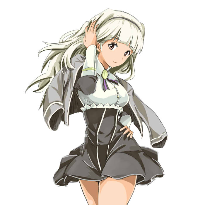 1girl, adjusting_hair, dress, female_focus, hairband, hand_on_own_hip, hip_focus, idolmaster