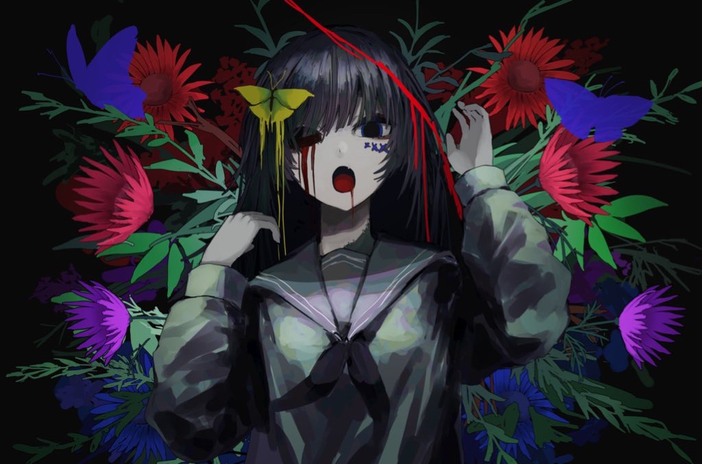 1girl, black_background, black_eyes, black_hair, black_neckerchief, black_sclera, blood, blood_from_mouth