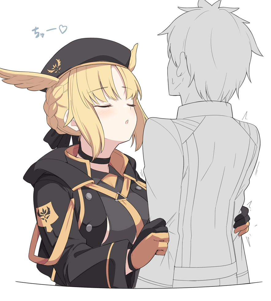 1boy, 1girl, arm_grab, assertive_female, beret, black_jacket, blonde_hair, blush