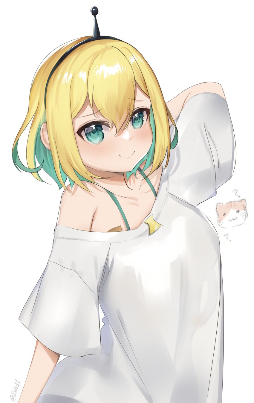 1girl, absurdres, amano_pikamee, arm_behind_head, arm_up, artist_name, black_hairband, breast_padding, cat, collarbone, colored_inner_hair, commentary, english_commentary, furrowed_brow, hair_between_eyes, hairband, highres, looking_at_viewer, multicolored_hair, off-shoulder_shirt, off_shoulder, shirt, short_hair, simple_background, smile, sobbi11, socks_(amano_pikamee), solo, twitter_username, virtual_youtuber, voms, white_background, white_shirt, wide_sleeves
