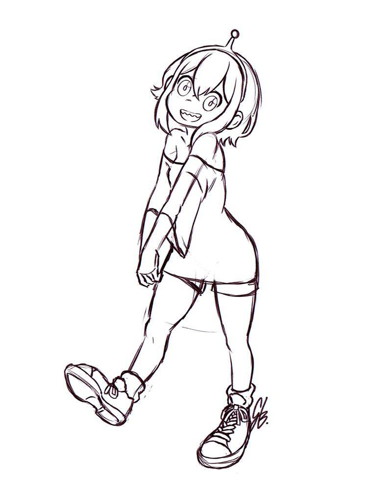 1girl, :d, amano_pikamee, commentary, english_commentary, full_body, gbhering, greyscale