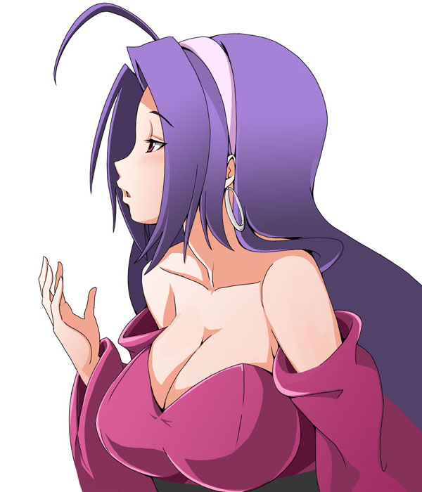 1girl, ahoge, bare_shoulders, breasts, cleavage, earrings, female_focus, hairband, idolmaster, idolmaster_(classic), issei, jewelry, large_breasts, long_hair, miura_azusa, open_mouth, pink_eyes, profile, purple_hair, solo