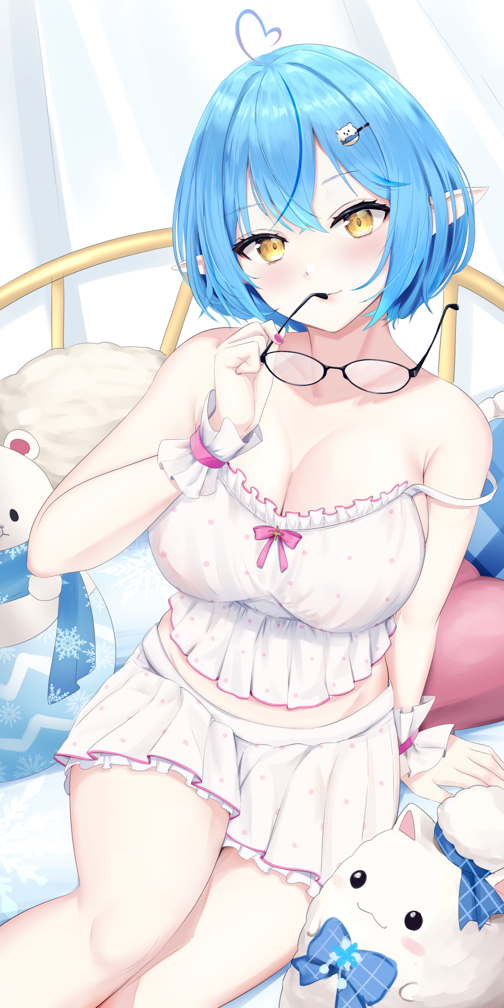 1girl, ahoge, arm_support, bare_shoulders, blue_hair, blush, bob_cut, breasts, camisole, character_hair_ornament, cleavage, commentary_request, creid, crossed_bangs, daifuku_(yukihana_lamy), unworn_eyewear, frilled_camisole, frills, glasses, hair_between_eyes, hair_ornament, heart, heart_ahoge, highres, holding, holding_removed_eyewear, hololive, indoors, large_breasts, looking_at_viewer, miniskirt, multicolored_hair, official_alternate_hair_length, official_alternate_hairstyle, on_bed, pajamas, pillow, pointy_ears, polka_dot, polka_dot_camisole, polka_dot_skirt, short_hair, sitting, skirt, sleepwear, solo, strap_slip, streaked_hair, virtual_youtuber, white_camisole, white_skirt, wrist_cuffs, yellow_eyes, yokozuwari, yukihana_lamy, yukimin_(yukihana_lamy)