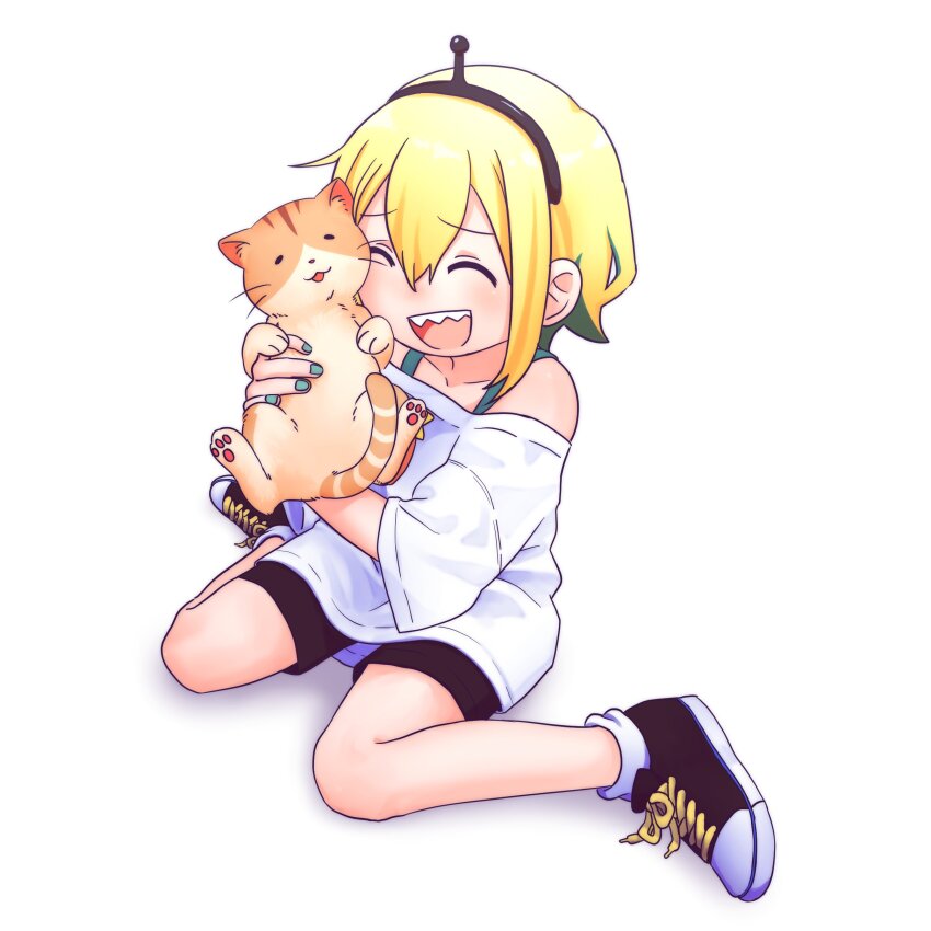 1girl, :d, ^_^, absurdres, amano_pikamee, animal, black_hairband, black_shoes, black_shorts, blonde_hair, cat, closed_eyes, collarbone, colored_inner_hair, commentary, english_commentary, green_hair, green_nails, hairband, hands_up, highres, holding, holding_animal, holding_cat, ivlice, multicolored_hair, off-shoulder_shirt, off_shoulder, open_mouth, sharp_teeth, shirt, shoes, shorts, simple_background, sitting, smile, sneakers, socks_(amano_pikamee), solo, teeth, two-tone_hair, upper_teeth_only, virtual_youtuber, voms, wariza, white_background, white_shirt, wide_sleeves
