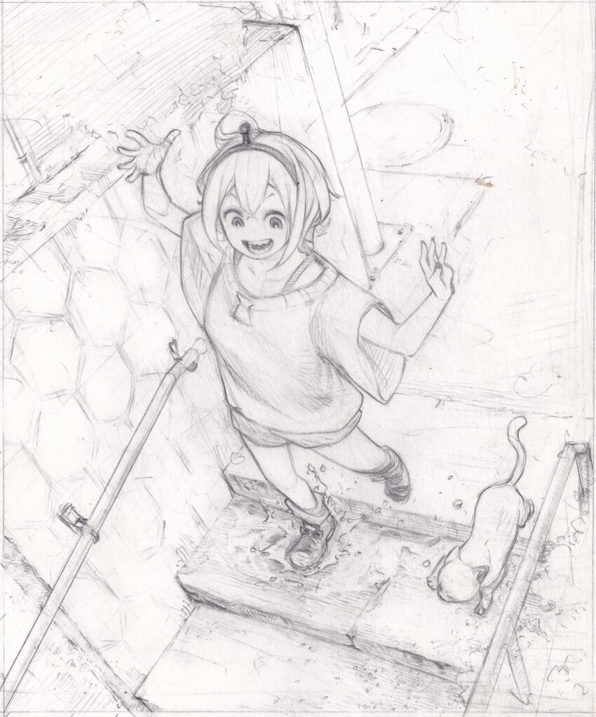 1girl, absurdres, amano_pikamee, bush, cat, commentary, english_commentary, graphite_(medium)